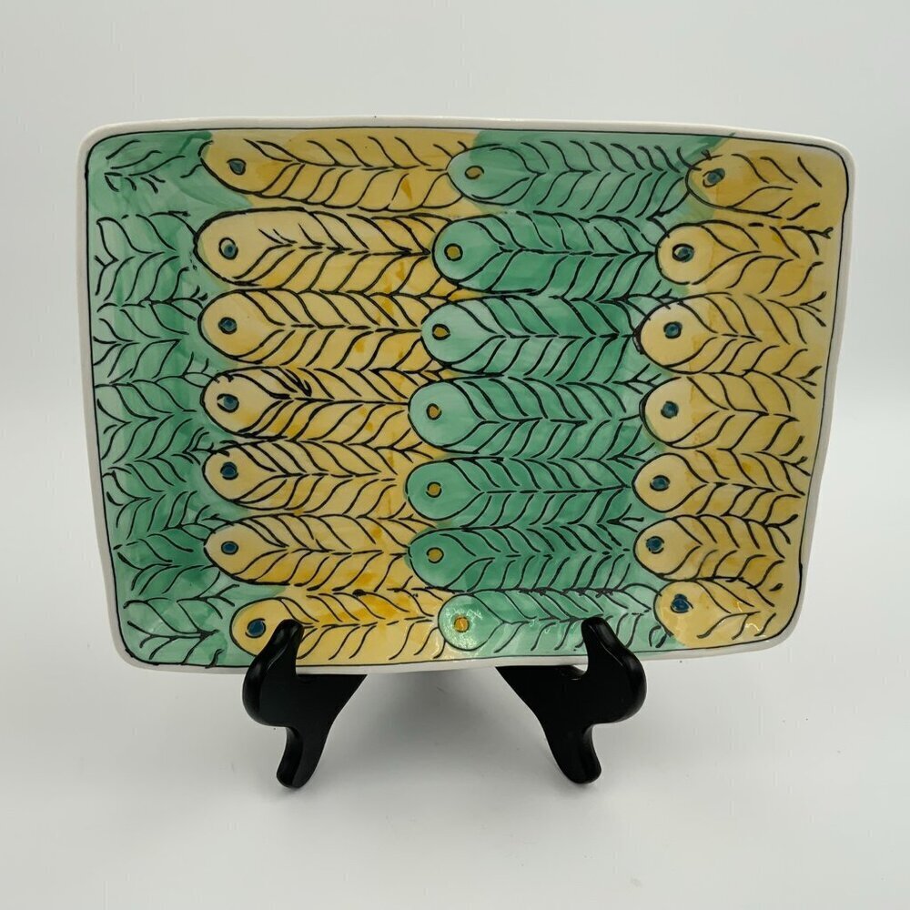 Rectangular Ceramic Trinket Dish with Yellow and Green Feathers